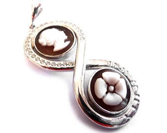 Shell Cameo Pendant: Sterling Silver Infinity Profile Flower Italian Jewelry