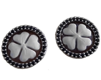 Quatrefoil Cameo Earrings: Sterling Silver, Zircon Frame, Good Luck Flower