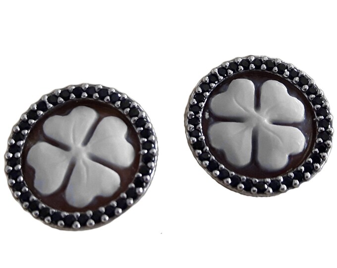 Quatrefoil shell cameo earrings good luck flower black zircons, italian silver cameo shell jewels, earrings shell cameo カメオ ジュエリ シェルカメオイヤリング