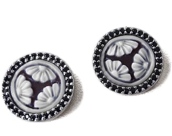 Floral Cameo Earrings: Sardonyx Shell, Black Zircons, Sterling Silver