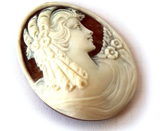 Hand Carved Shell Cameo: Woman Profile, Italian Sardonyx (40-45 mm)