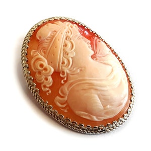 May include: A cameo brooch featuring a carved shell with a detailed profile of a woman's face. The shell is set in a silver-toned metal frame with a scalloped edge.