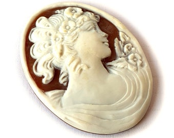 Hand Carved Shell Cameo: Girl Profile, Italian Sardonyx, 40mm