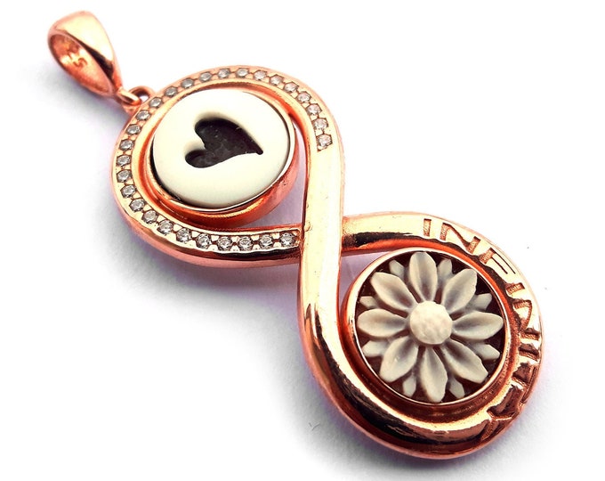 Handmade Sardonyx Shell Cameo Pendant: Gold-Plated Sterling Silver Heart & Flower