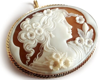 Gold Flora Cameo Brooch Pendant: Hand Carved Sardonyx Shell