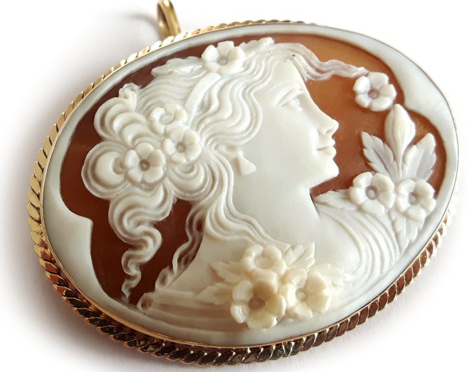 Gold cameo brooch & pendant Flora profile italian cameo jewelry donadio cameo shell camafeu broche camée pendentif Камуфляжная брошь カメオブローチ