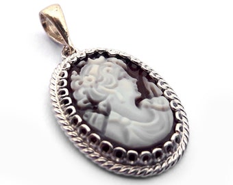 Diana Cameo Pendant: Hand Carved Sardonyx Shell, Sterling Silver