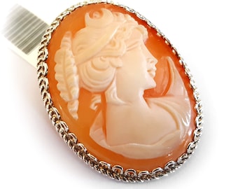 Diana Cameo Brooch Pendant: Hand Carved Carnelian Shell, Sterling Silver