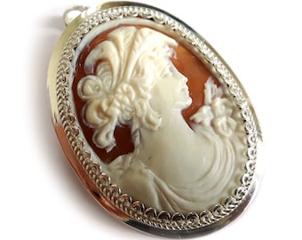 Ceres Goddess Cameo Brooch Pendant: Hand Carved Sardonyx Shell, Sterling Silver