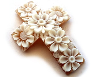 Hand Carved Sardonyx Shell Cameo: Floral Cross, Italian Jewelry (35mm)