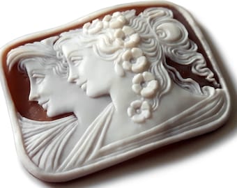 Hand Carved Shell Cameo: Ceres & Flora Goddesses, Italian Jewelry
