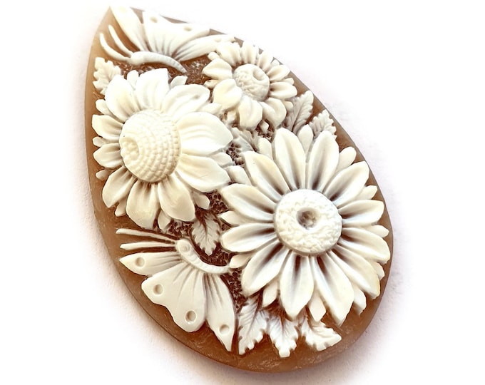 Loose Shell Cameo: Hand-Carved Sardonyx Sunflowers & Butterflies