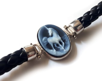 Unicorn Cameo Bracelet: Blue Agate, Sterling Silver, Leather