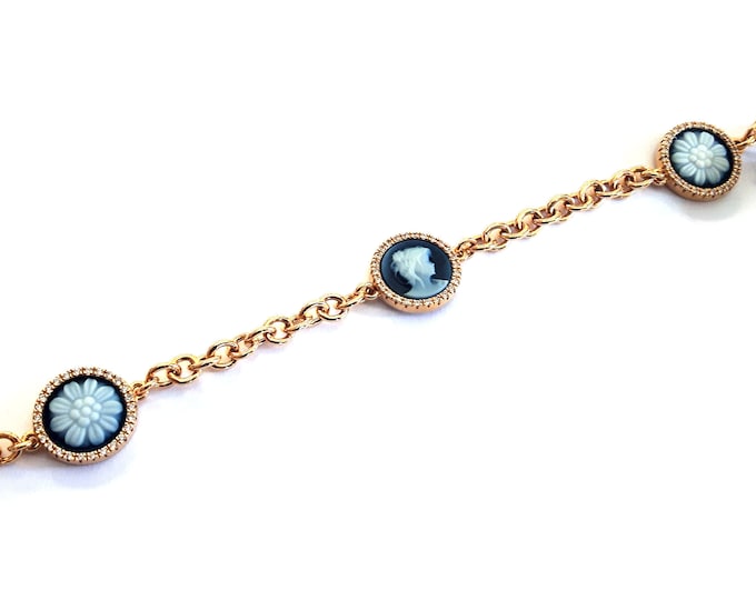 Blue cameos bracelet flowers lady italian stone cameo jewelry donadio agate cameos bracelets camée pulsera camafeo 石のカメオブレスレット Камео браслет