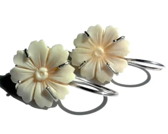 Handmade Shell Cameo Flower Earrings: Sterling Silver Italian Jewelry