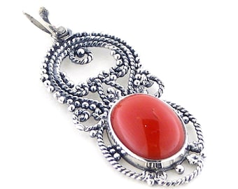 Red Coral Pendant: Sterling Silver Filigree, Italian Bohemian Jewelry