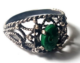Green Stone Cameo Ring: Sterling Silver Filigree, Italian Jewelry