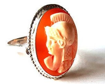 Hand Carved Carnelian Shell Cameo Ring: Minerva Athena, Sterling Silver