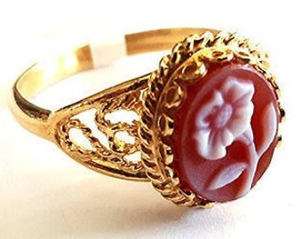 Red Agate Cameo Ring: Gold Plated Sterling Silver Flower Jewelry