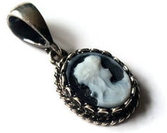 Black Agate Cameo Pendant: Sterling Silver Lady Profile, Italian Jewelry