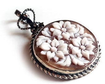 Floral Cameo Pendant: Hand-Engraved Sardonyx Shell, Sterling Silver