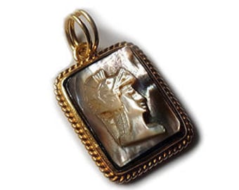 Square Mother of Pearl Cameo Pendant: Gold Plated Sterling Silver Warrior