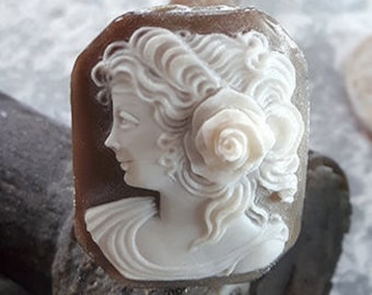 Hand Carved Sardonyx Shell Cameo: Woman Profile, Italian Jewelry