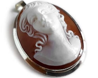 Sardonyx Shell Cameo Brooch Pendant: 925 Silver, Woman Portrait
