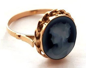 Gold blue cameo ring woman italian cameo jewelry donadio agate stone cameo bague camée камея кольцо カメオリング anillo camafeo