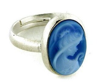 Blue Agate Cameo Ring: Sterling Silver Lady Portrait, Adjustable Band