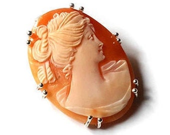 Carnelian Shell Cameo Brooch Pendant: Sterling Silver Woman Profile