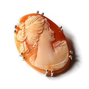 May include: An oval cameo brooch featuring a carved portrait of a woman with a detailed hairstyle. The cameo is set in silver with small decorative beads around the edge.