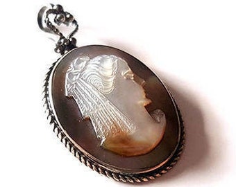 Antique Mother of Pearl Cameo Pendant: Sterling Silver Italian Jewelry