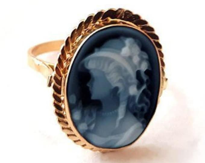 Gold blue cameo ring woman w/ hat italian cameo jewelry donadio agate stone cameo bague camée камея кольцо カメオリング anillo camafeo