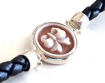 Bow Shell Cameo Bracelet: Sterling Silver & Twisted Leather