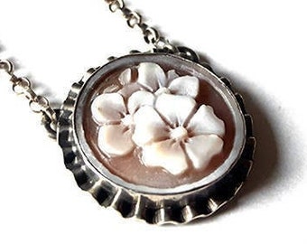 Silver cameo necklace Flowers italian cameo jewelry donadio cameo shell gift for girl sardonyx cameo Collier camée Камея ожерелье カメオネックレス