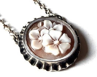 Silver cameo necklace Flowers italian cameo jewelry donadio cameo shell gift for girl sardonyx cameo Collier camée Камея ожерелье カメオネックレス