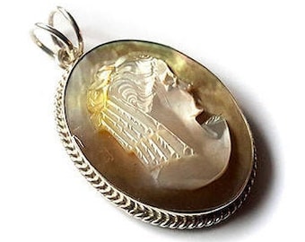 Mother of Pearl Cameo Pendant: Sterling Silver Lady Profile, Italian Carved Shell