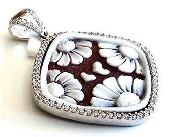 Floral Sardonyx Shell Cameo Pendant: Sterling Silver Zircon Frame