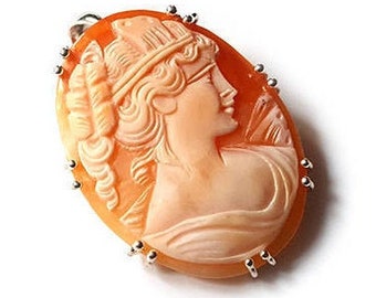Ceres Cameo Brooch Pendant: Hand Carved Carnelian Shell, Sterling Silver