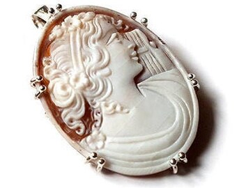 Sappho Sardonyx Shell Cameo Brooch Pendant: Sterling Silver Italian Jewelry