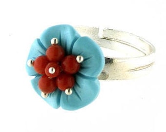 Turquoise coral ring flower italian coral jewelry donadio corals cameos jewellery bague corail サンゴリング коралловое кольцо anillo coral gift