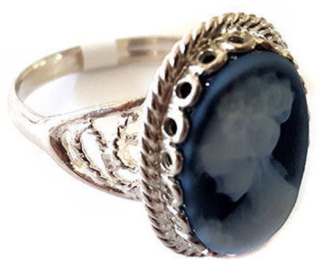 Blue Agate Cameo Ring: Sterling Silver Boho Lady Profile