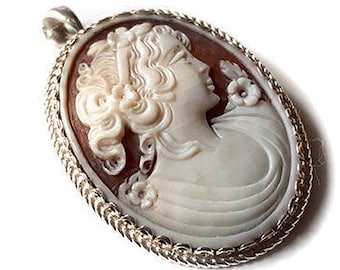 Shell Cameo Brooch Pendant: Greek Goddess, Sterling Silver, Italian Jewelry