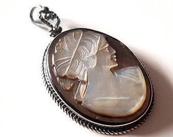 Mother of Pearl Cameo Pendant: Sterling Silver Roman Woman Profile