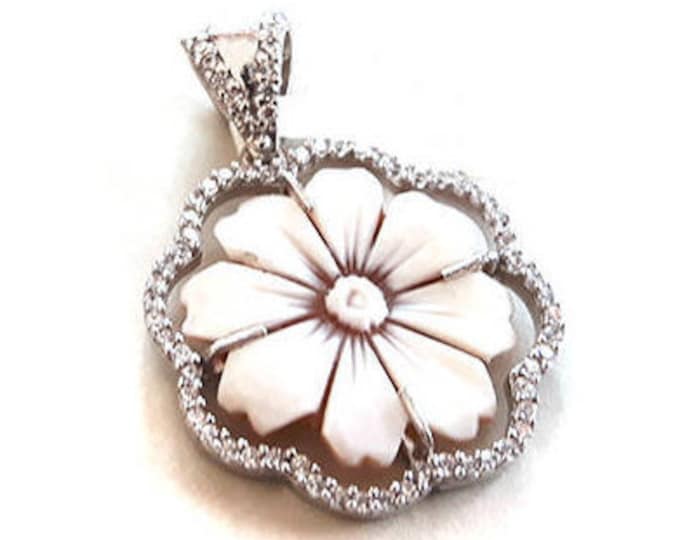 Shell Cameo Pendant, Sterling Silver Daisy, Zircon Gemstones