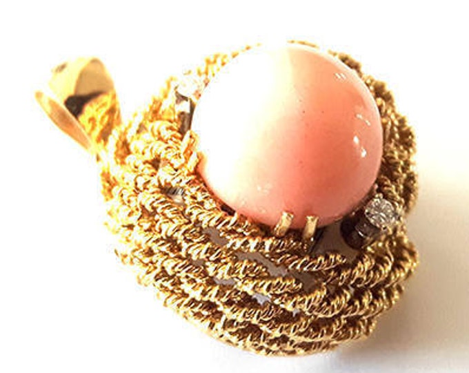 Vintage gold pink coral pendant diamonds italian coral jewelry donadio corals cameos jewellery pendentif corail サンゴペンダント коралловый шкентель