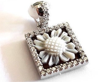 Shell Cameo Pendant: Sterling Silver Daisy, Zircon Frame