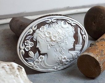 Hand Carved Shell Cameo: Flora & Diana Sardonyx Goddesses