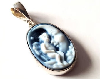 Blue Agate Cameo Pendant: Sterling Silver Moon Angel Jewelry